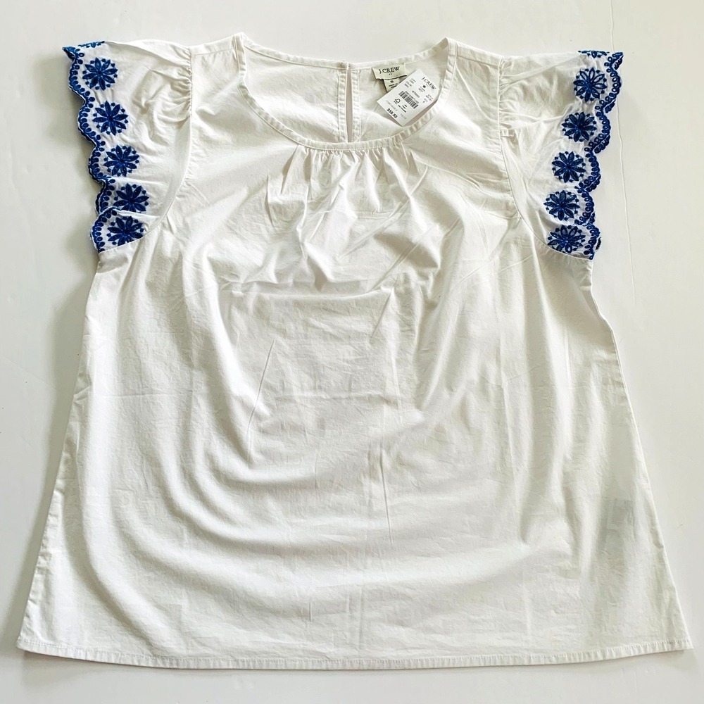 NWT J Crew Embroidered Top Small 2 4 6 Floral Scalloped White Blue Cotton Poplin - Picture 1 of 7